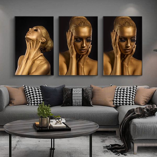Pinturas en lienzo de mujer africana, pósteres de chica Sexy escandinava dorada, pared moderna, arte de pared abstracto, imagen para decoración para sala de estar