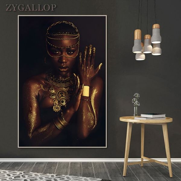 Pósteres e impresiones de mujer africana, pintura al óleo de mujer negra y dorada en la pared, cuadro de lienzo de arte moderno para sala de estar, Cuadros329I