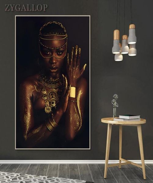 Pósteres e impresiones de mujer africana, pintura al óleo de mujer negra y dorada en la pared, cuadro de lienzo de arte moderno para sala de estar, Cuadros2143223