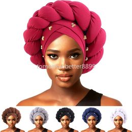 Femmes africaines Auto Gele couvre-chef Aso Oke nigérian grandes tresses perlées Bonnet chapeau musulman Hijab Turban fête de mariage chapeaux casquette nouveau