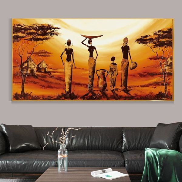 Toile de peinture de coucher de soleil pour femmes africaines, affiches et imprimés de paysage abstraits, images murales pour salon, décoration d'allée de maison 2899