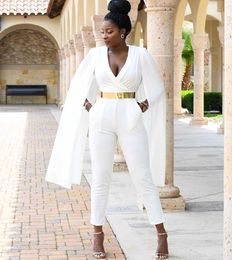 Afrikaanse vrouwen witte Jumpsuit Avondjurk met zakken Diepe V-hals Cape Sleeve Prom Party Jurken Pant Pak Software Draag