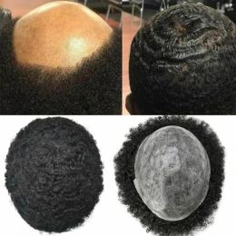 Afro 6 mm Curl Mens Toupee Full Poly Skin Pu African Hair Remplacement Afro Curly Kinky 0,04-0.05 mm Skin mince Pu Men's Wig