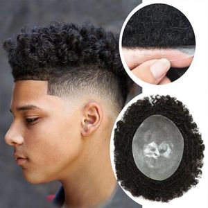 Afro 6mm Curl Mens Toupee Full Poly Skin Pu Reemplazo de cabello africano Afros Kinky Curly 0 04-0 05mm Pieles finas PU Wig2667