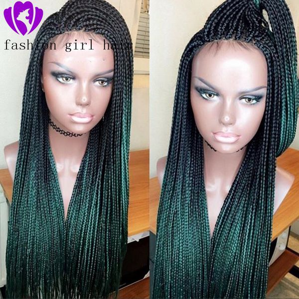 Perruque Lace Front Wig synthétique tressée Afro America, boîte verte ombrée, ligne de cheveux naturelle, deux tons, longue, naturelle, avec cheveux de bébé