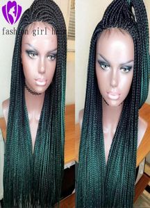 Afro America Ombre Green Box gevlochten pruiken natuurlijke haarlijn Twee toon kleur lange natuurlijke synthetische kanten voorpruiken met babyhaar7422974