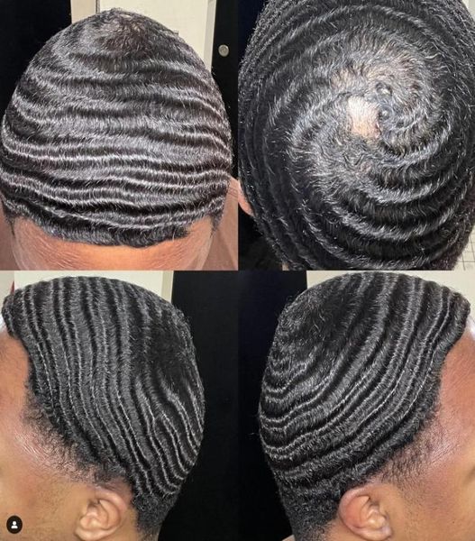 Afro Curl 360 vagues PU toupet hommes perruque pleine dentelle postiches chinois Remy cheveux humains remplacement homme vagues unités pour hommes noirs3508197