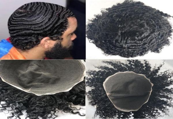 Afro rizado tupé completo encaje suizo hombres pelucas de cabello sistema de reemplazo Remy onda humana Wig6130146