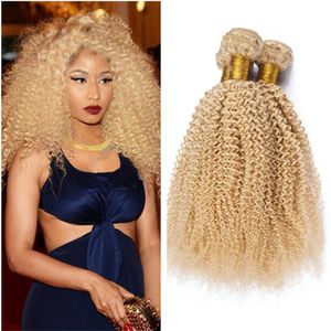 Afro Kinky Blonde Paquetes brasileños de cabello virgen humano Afro Kinky Curly Unprocesss # 613 Extensiones de cabello rubio blanqueado 3pcs Lot Tramas de cabello