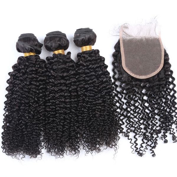 Afro Kinky Curl Paquetes de cabello brasileño con cierre Cabello humano teje extensiones 3 paquetes con cierre de encaje 4x4 Parte libre Color natural 1B