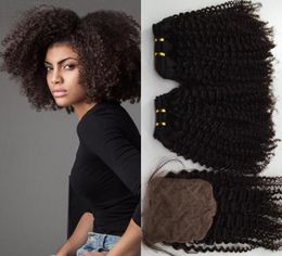 Afro crépus bouclés 44 fermeture en soie avec 2 pièces cheveux brésiliens couleur naturelle cheveux humains pas cher faisceaux de cheveux vierges avec fermeture 3 piècesLo3093524