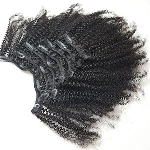 Afro Kinky Curly 4B 4C Clip dans les Extensions de Cheveux Humains pour les Femmes Noires Brésiliennes Remy Cheveux Vierges Couleur Naturelle 110Gram 7Pcs / Set