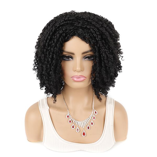 Afro Kinky Curly Tressé Synthétique Armure Perruque 14 Pouces Simulation Perruques de Cheveux Humains pour les Femmes Noires HRTT05-1B