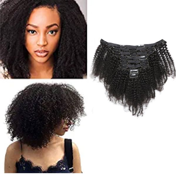 Extensiones de cabello rizado afro rizado con clip, cabello virgen indio, 120g, color natural, productos para el cabello rizado afro con clip, 8 unidades/juego