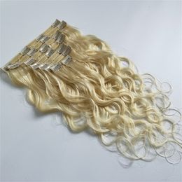 613 Couleur Clip Dans Les Extensions De Cheveux Vague De Corps Brésilienne Bundles De Cheveux Humains 8 Pièces / Ensemble 14-22 Pouces Blonde Remy 120G