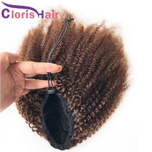 Afro Crépus Bouclés Cordon Queue De Cheval # 4 Brun Foncé Cheveux Humains Malaisiens Vierge Clip Dans Les Extensions Pour Les Femmes Noires Bouclés Naturel Postiche