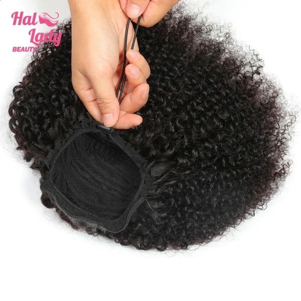 Afro Kinky Curly Cordon Queue de cheval Extensions de cheveux humains Clip de queue en postiche pour femme noire Brun foncé Brésilien Remy 240122