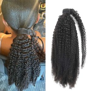 Afro Kinky Krullend Trekkoord Paardenstaart Mongools Kinky Krullend Wikkel rond paardenstaart 4B 4C Remy Hair Extensions Echt haar paardenstaart haarstukje 120g gitzwart