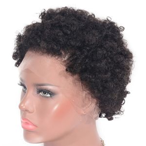 Afro kinky krullende kanten voorpruiken voor zwarte vrouwen korte Braziliaanse Remy Human Hair Wig Natural Color 130% dichtheid