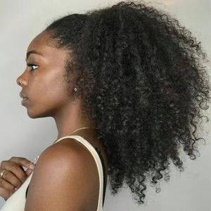 Afro Kinky Curly Hairpiece Cabello humano Clip en cola de caballo Extensión de cabello para mujeres negras Cordón Natural Coily Ponytail para afroamericano