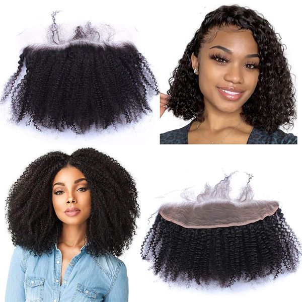 Afro Crépus Bouclés Cheveux Humains 13x4 Transparent Dentelle Frontale Fermetures Pré Pincées Délié Naturel