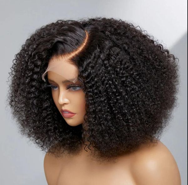 Perruque Bob Lace Front Wig sans colle, cheveux naturels Afro crépus bouclés, 4x4 5x5 13x4 13x6, naissance des cheveux naturelle pre-plucked