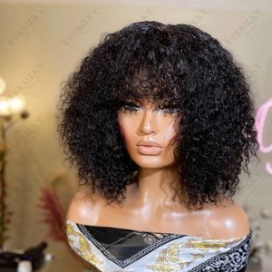 Perruque de cheveux humains afro crépus bouclés avec frange péruvienne Remy 250 densité naturelle faite à la machine frange cuir chevelu perruques sans colle base en soie pour les femmes noires