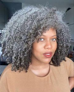 Afro Kinky Curly Perruques de cheveux humains avec Bang Short ombre Gris perruque de mode pour les femmes noires perruques sans colle sel poivre gris argent 150% densité naturelle