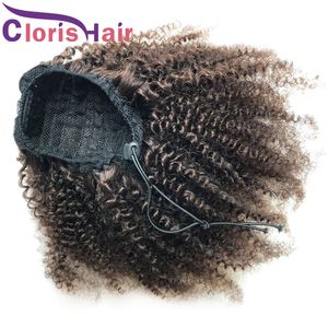 Afro Kinky Krullend Paardenstaarten Maleisische Virgin Menselijk Hair Extensions Clip Ins # 2 Donkerste Bruin Trekkoord Paardenstaart Haarstuk voor Afro-Amerikaanse vrouwen
