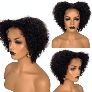 Afro Kinky Krullend Korte Kanten Voorkant Pruik Echt haar Natuurlijke kleur Afro Natuurlijke haarlijn 13X4 Lijmloze kanten frontale pruik voor Afrikaanse vrouwen