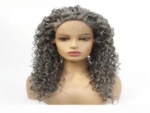 Afro crépus bouclés synthétique Lacefront perruque gris foncé simulation cheveux humains avant de lacet perruques 1426 pouces Pelucas pour les femmes 194181175652587948