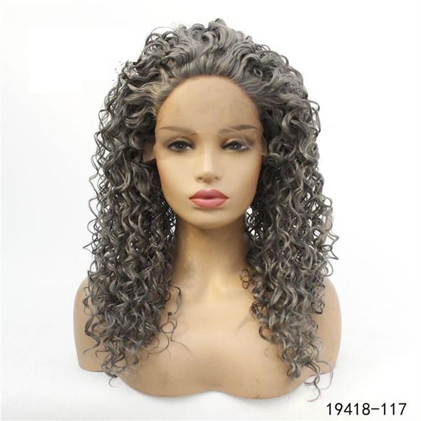 Afro Kinky Curly Synthetic Lacefront Wig Simulation gris foncé Pernues avant en dentelle de cheveux humains 14-26 pouces Pélucas pour femmes 19418-117191X