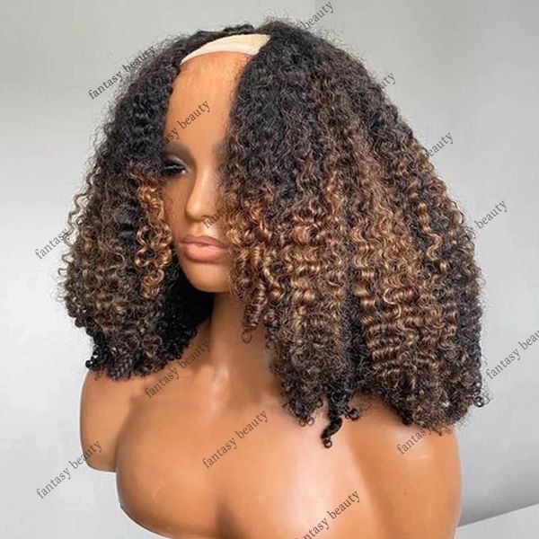 Afro Kinky Curly U Parte Pelucas Ombre Marrón Sin procesar 100% Cabello humano Resaltado Rubio Bouncy Curly V Parte Peluca 1x4 En forma de extremo completo