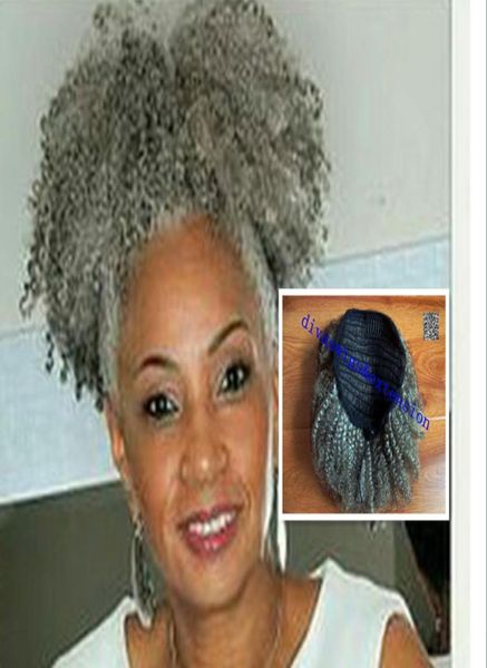 Afro Kinky Curly Weave Peinados de cola de caballo Clip ins cabello gris Extensiones de cola de caballo cola de caballo con cordón pelo de pony corto y alto 120 g 16296035