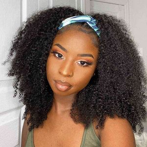 Afro Kinky Curly Wig Silk Headband Human Hair for Women Glueless my Brazilian Half 220707