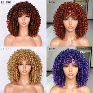 Afro Kinky Krullende Pruik met Pony Korte Synthetische Pruiken voor Zwarte Vrouwen Omber Bruin Blond Lijmloos Cosplay Haar Hoge Temperatuur 220622