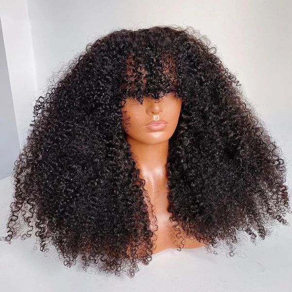 Perruque Afro crépue bouclée avec frange complète, cheveux naturels brésiliens Remy courts crépus bouclés, densité 200, pour femmes noires