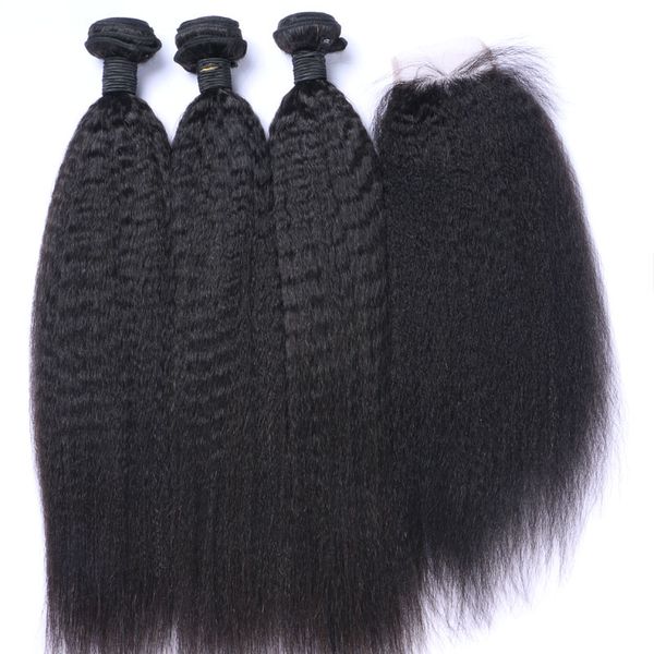 Afro Kinky Straight Bundles de cheveux brésiliens avec fermeture Tissage de cheveux humains Fermeture 4x4 Partie libre Couleur naturelle 1B Noir