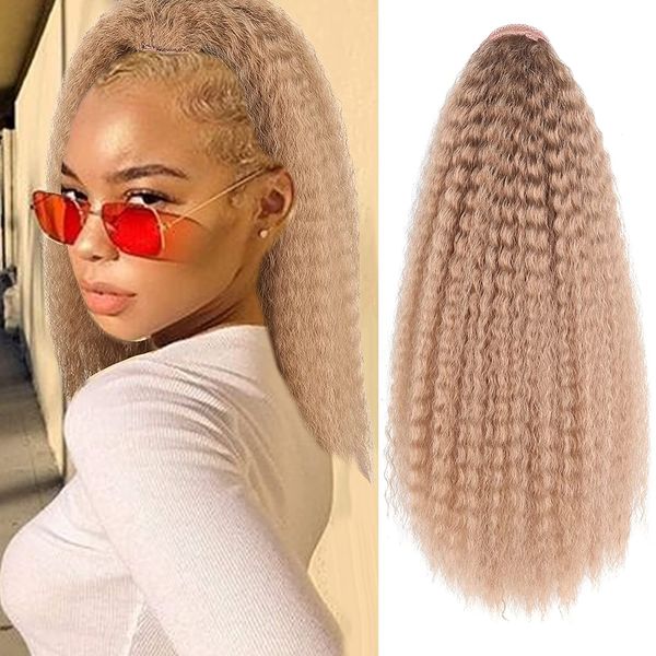 Extensiones de cola de caballo afro rizadas rectas con cordón de 16.0 in con clip para mujeres negras, coletas con ondas de agua, marrón claro/rubio dorado (27 # mezcla rubia)