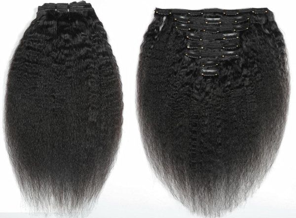 Afro Coiffure raide coqueuse Clip non transformé dans les extensions de cheveux 120 grammes de cheveux humains mongols afro-américain Remy Natural Black Clips9340187