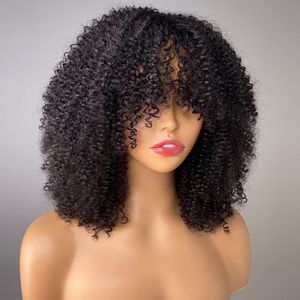 Perruque afro perceuse avec une frange pleine hine faite 200 densité vierge brésilienne courte bouclée de cheveux humains couleurs naturelles
