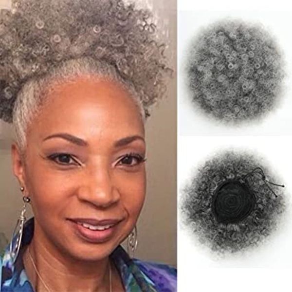 Cola de caballo con cordón Afro Puff para mujeres negras, envuelve el cabello natural con cola de caballo corta, coletas rizadas rizadas afroamericanas Postizos con clips Gris ahumado 120 g