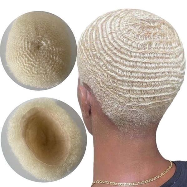 Afro Wave Toupee Reemplazo de cabello humano virgen indio 6 mm Raíz Afro Wave Platinum Blonde 60 # Toupee de encaje completo para hombres negros