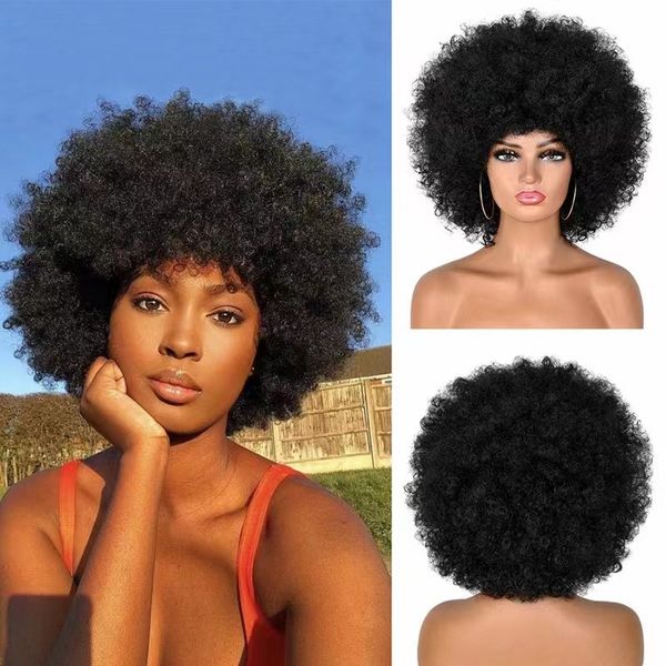 Perruque afro - 70s pour les femmes Afro Kinky Cheveux bouclés Perruques avec frange Aspect naturel Court Afro bouclés Perruque pour hommes Bouncy Noir Afro Puff Perruque Cheveux humains pour une utilisation quotidienne