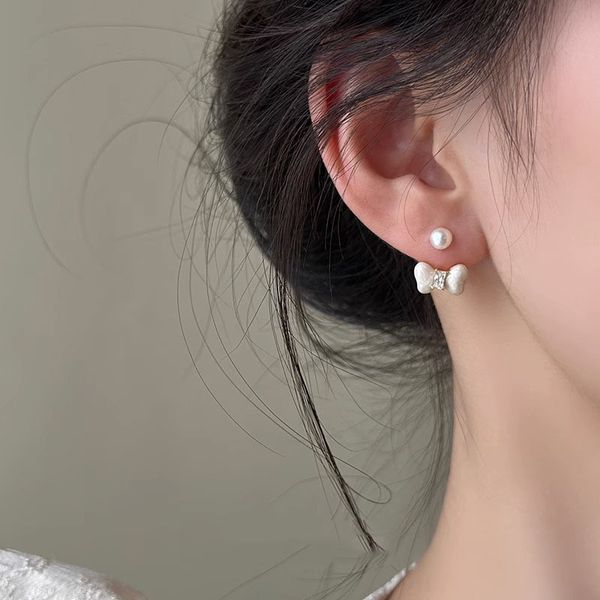AFSHOR tempérament mignon Simple perle oreille Stud pour les femmes sens avancé petite perle brillant cristal nœud noeud boucles d'oreilles délicates bijoux accessoires de costumes féminins