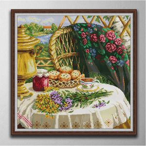 Afternoon Tea Zeven DIY Handmade Cross Stitch borduurgereedschap Nasiswerksets geteld afdrukken op canvas DMC 14ct 11ct doek