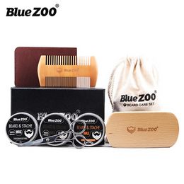 Bluezoo-Kit de 8 Uds. De bálsamo de afeitar para Barba orgánico Natural para hombres con tijeras, bolsa para peine, hidratante, 3 ceras para barba y 1 cepillo, 8 Uds.