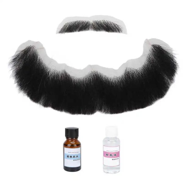 Aftershave bigote hombres maquillaje real de barba falsa real reutilizable con 15 ml de pegamento de pegamento de 30 ml removedor de pegamento para el rendimiento para hombres para el hogar