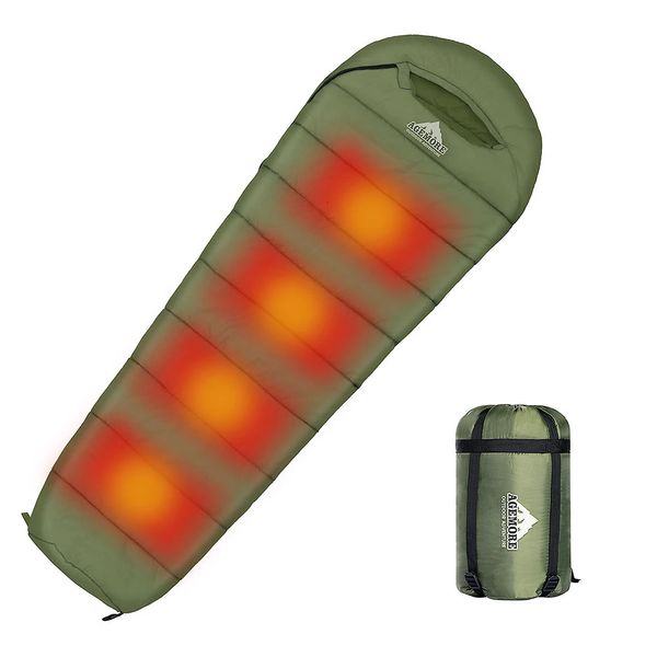 Agemore Sacos de dormir para acampar al aire libre Impermeable Ultraligero Calefacción Saco de dormir de invierno Adultos Dormir Campamento Engranajes con almohadilla térmica 240116