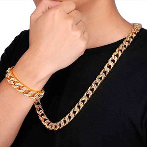 Aglover Hip Hop Cuba Armband Ice Out Rhinestone 14mm Heren Crystal Gold Chain CZ Golden Light Rapper Ketting Mannen Sieraden X0509